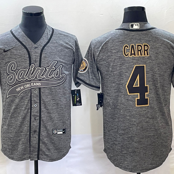 Men’s New Orleans Saints #4 Derek Carr Grey Gridiron With Patch Cool Base Stitched Baseball Jersey