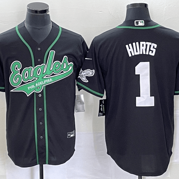 Men’s Philadelphia Eagles #1 Jalen Hurts Black Cool Base Stitched Baseball Jersey
