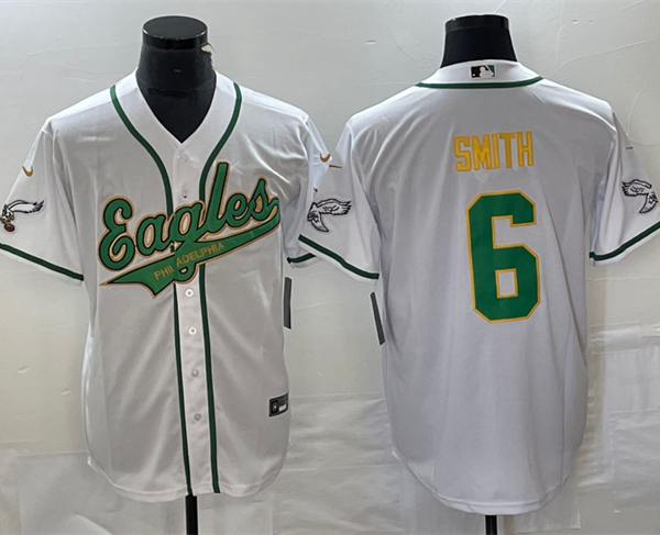 Men’s Philadelphia Eagles #6 DeVonta Smith White Gold Cool Base Stitched Baseball Jersey