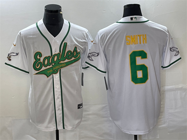 Men’s Philadelphia Eagles #6 DeVonta Smith White Gold Cool Base Stitched Baseball Jersey