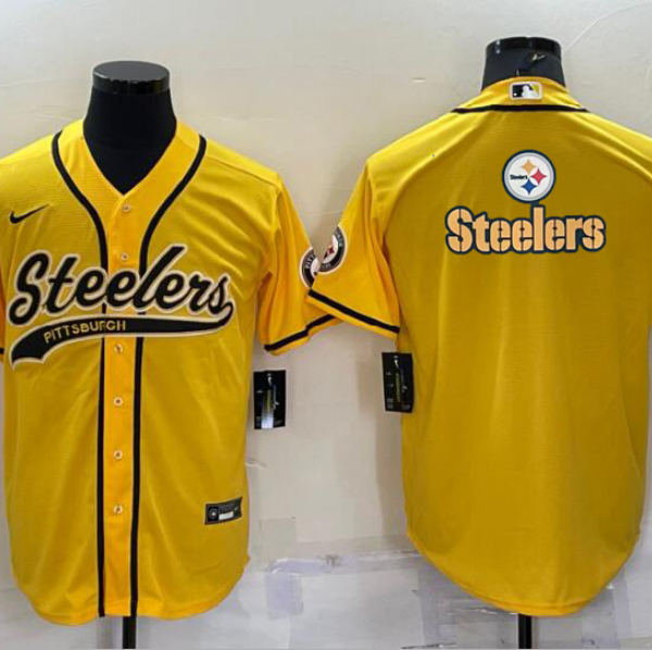 Men’s Pittsburgh Steelers Gold Team Big Logo With Patch Cool Base Stitched Baseball Jersey