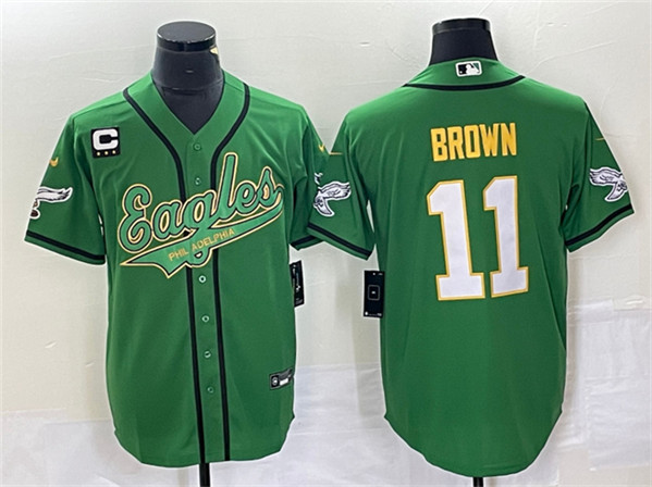 Men’s Philadelphia Eagles #11 A. J. Brown Green Gold With C Patch Cool Base Baseball Stitched Jersey