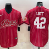 Men’s San Francisco 49ers #42 Ronnie Lott Red Pinstripe With Patch Cool Base Stitched Baseball Jersey