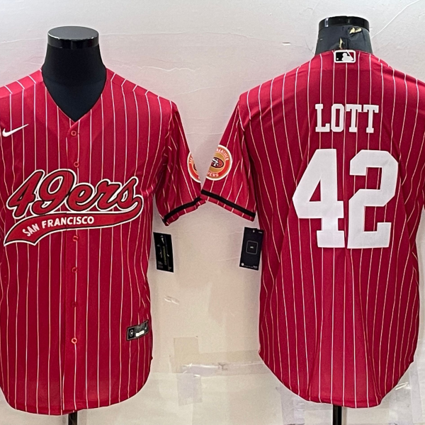 Men’s San Francisco 49ers #42 Ronnie Lott Red Pinstripe With Patch Cool Base Stitched Baseball Jersey