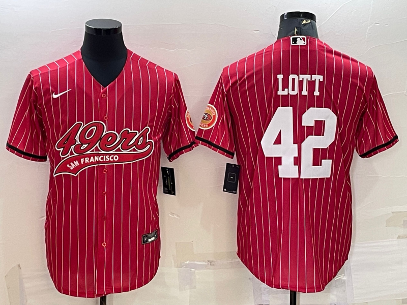 Men’s San Francisco 49ers #42 Ronnie Lott Red Pinstripe With Patch Cool Base Stitched Baseball Jersey