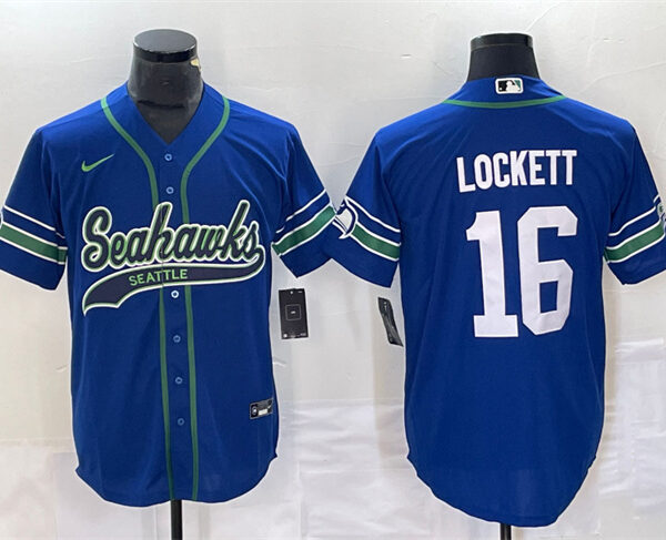 Men’s Seattle Seahawks #16 Tyler Lockett Royal Throwback Cool Base Stitched Baseball Jersey