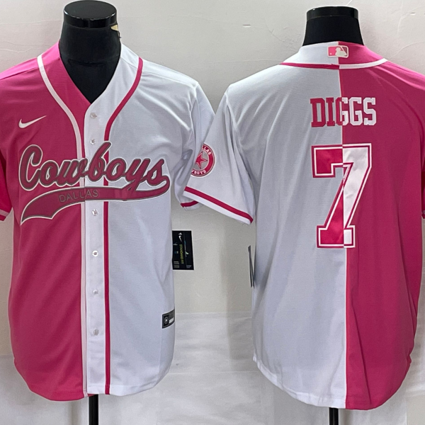 Men’s Dallas Cowboys #7 Trevon Diggs Pink White Two Tone With Patch Cool Base Stitched Baseball Jersey