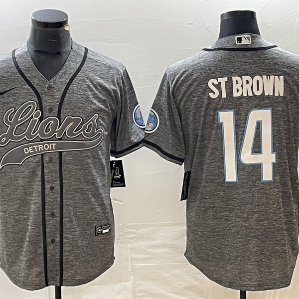 Men’s Detroit Lions #14 Amon Ra St Brown Grey Gridiron With Patch Cool Base Stitched Baseball Jersey