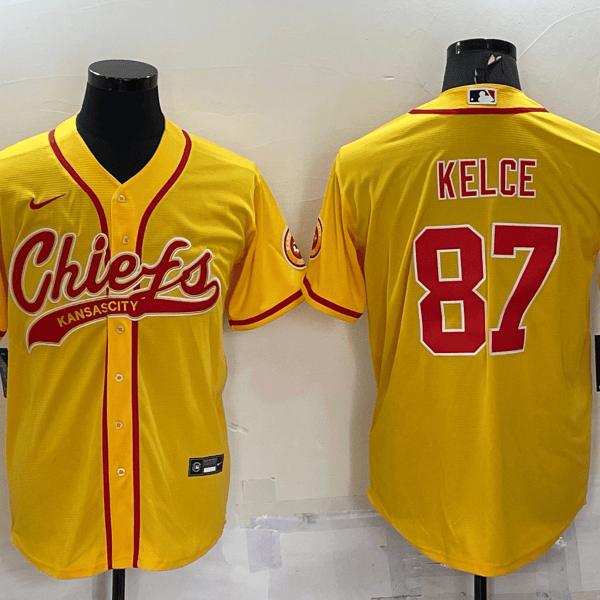 Men’s Kansas City Chiefs #87 Travis Kelce Gold With Patch Cool Base Stitched Baseball Jersey