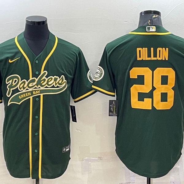 Men’s Green Bay Packers #28 AJ Dillon Green Yellow With Patch Cool Base Stitched Baseball Jersey