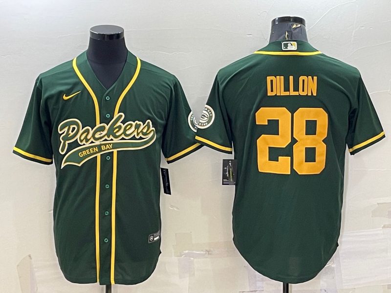 Men’s Green Bay Packers #28 AJ Dillon Green Yellow With Patch Cool Base Stitched Baseball Jersey