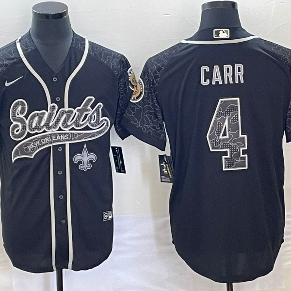 Men’s New Orleans Saints #4 Derek Carr Black Reflective With Patch Cool Base Stitched Baseball Jersey