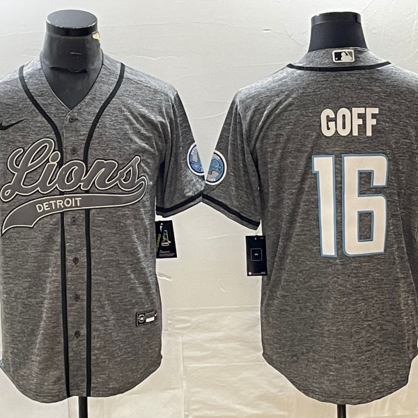 Men’s Detroit Lions #16 Jared Goff Grey Gridiron With Patch Cool Base Stitched Baseball Jersey