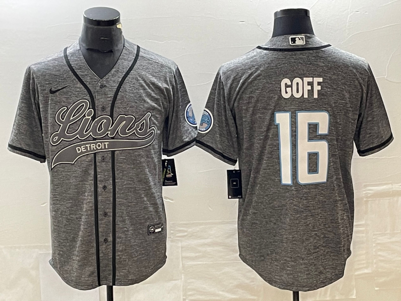 Men’s Detroit Lions #16 Jared Goff Grey Gridiron With Patch Cool Base Stitched Baseball Jersey