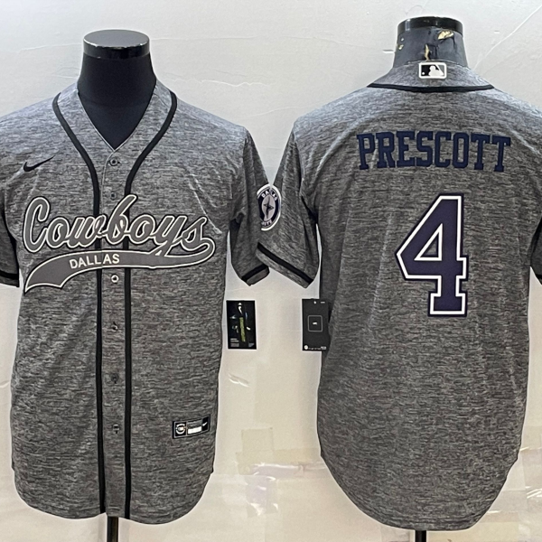 Men’s Dallas Cowboys #4 Dak Prescott Grey Gridiron With Patch Cool Base Stitched Baseball Jersey