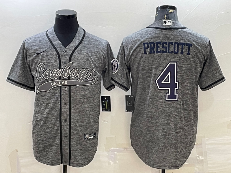 Men’s Dallas Cowboys #4 Dak Prescott Grey Gridiron With Patch Cool Base Stitched Baseball Jersey