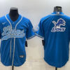 Men’s Detroit Lions Blue Team Big Logo With Patch Cool Base Stitched Baseball Jersey