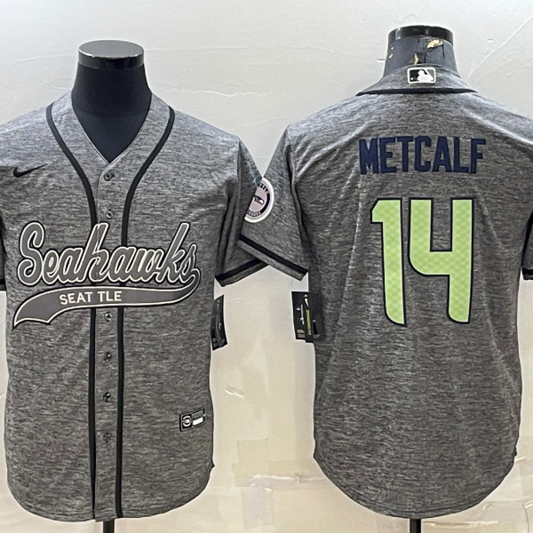 Men’s Seattle Seahawks #14 DK Metcalf Grey Gridiron With Patch Cool Base Stitched Baseball Jersey