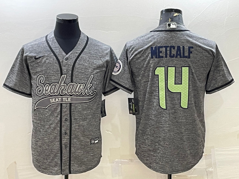 Men’s Seattle Seahawks #14 DK Metcalf Grey Gridiron With Patch Cool Base Stitched Baseball Jersey