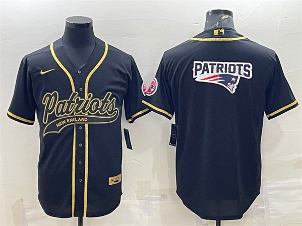 Men’s New England Patriots Black Gold Team Big Logo With Patch Cool Base Stitched Baseball Jersey