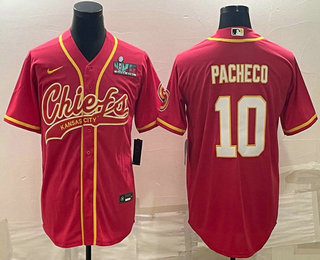 Men’s Kansas City Chiefs #10 Isiah Pacheco Red With Super Bowl LVII Patch Cool Base Stitched Baseball Jersey
