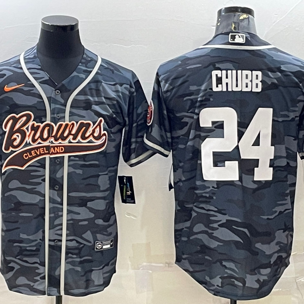 Men’s Cleveland Browns #24 Nick Chubb Grey Camo With Patch Cool Base Stitched Baseball Jersey