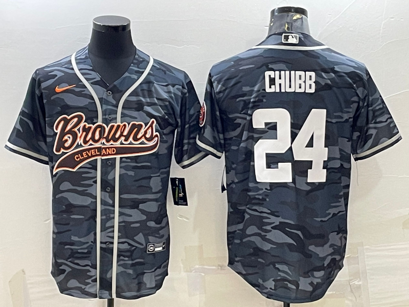 Men’s Cleveland Browns #24 Nick Chubb Grey Camo With Patch Cool Base Stitched Baseball Jersey
