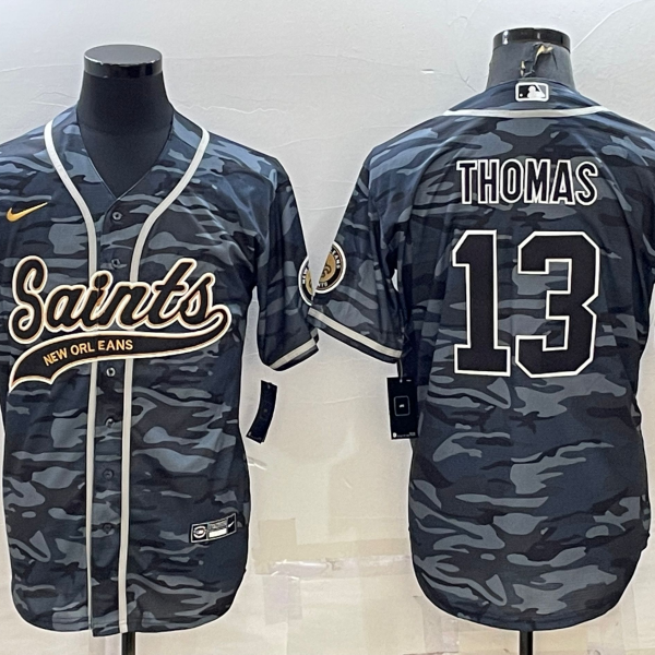 Men’s New Orleans Saints #13 Michael Thomas Grey Camo With Patch Cool Base Stitched Baseball Jersey