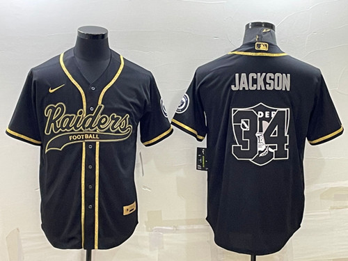 Men’s Las Vegas Raiders #34 Bo Jackson Black Gold Team Big Logo With Patch Cool Base Stitched Baseball Jersey
