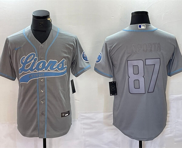 Mens Detroit Lions #87 Sam LaPorta Gray Cool Base Stitched Baseball Jersey