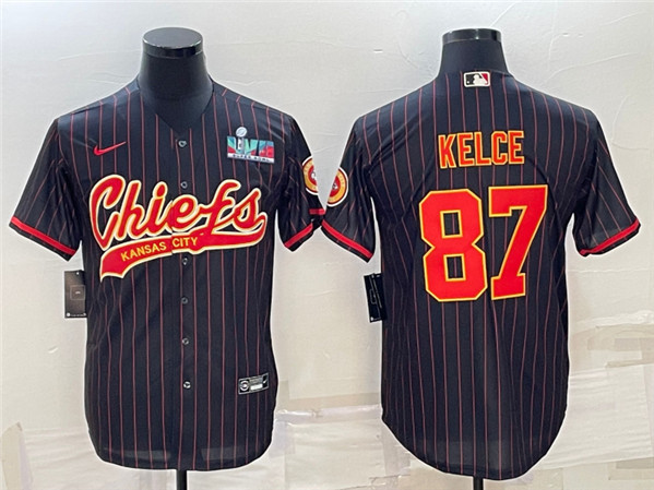 Men’s Kansas City Chiefs #87 Travis Kelce Black With Super Bowl LVII Patch Cool Base Stitched Baseball Jersey