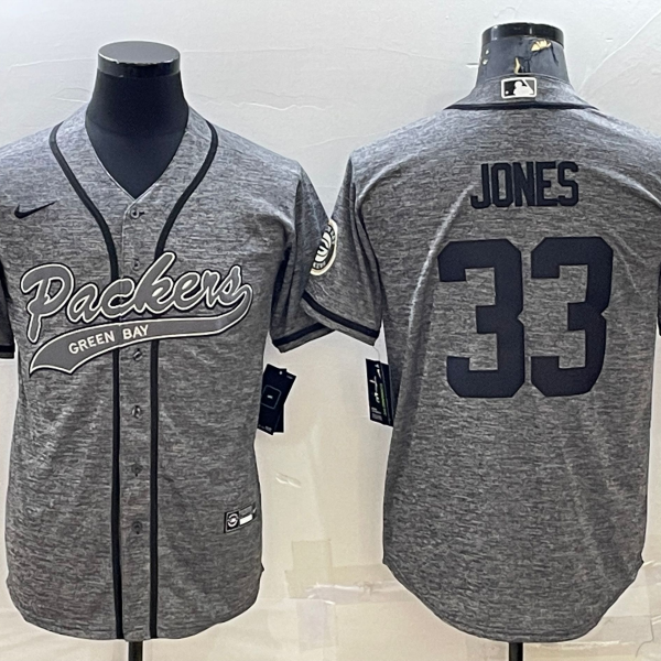 Men’s Green Bay Packers #33 Aaron Jones Grey Gridiron With Patch Cool Base Stitched Baseball Jersey