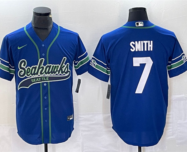Men’s Seattle Seahawks #7 Geno Smith Royal Throwback Cool Base Stitched Baseball Jersey