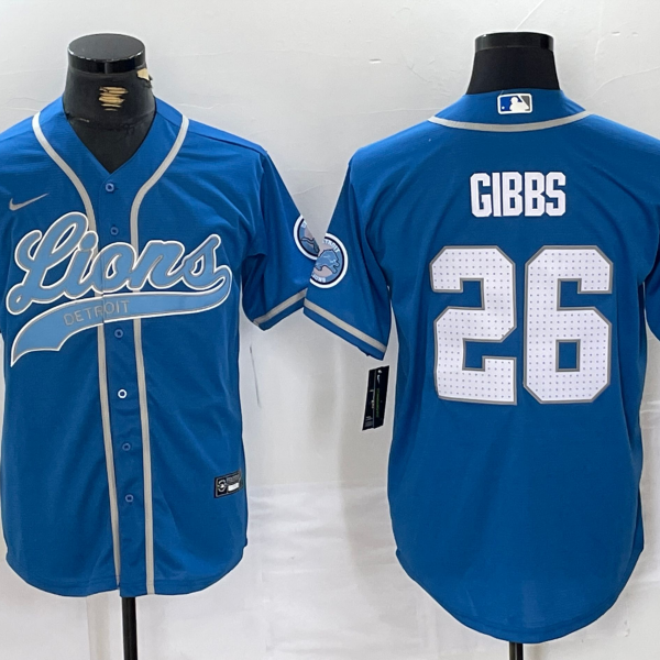 Men’s Detroit Lions #26 Jahmyr Gibbs Blue With Patch Cool Base Stitched Baseball Jersey