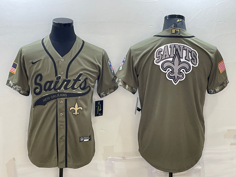 Men’s New Orleans Saints Olive Salute to Service Team Big Logo Cool Base Stitched Baseball Jersey