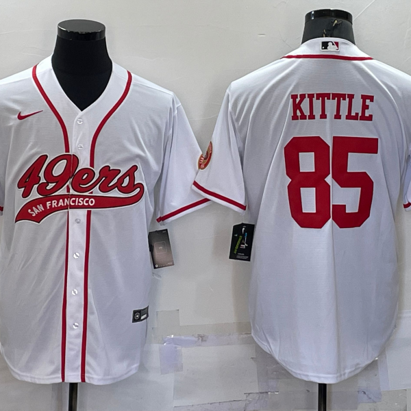 Men’s San Francisco 49ers #85 George Kittle White With Patch Cool Base Stitched Baseball Jersey