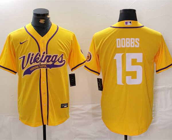 Men’s Minnesota Vikings #15 Joshua Dobbs Yellow Cool Base Stitched Baseball Jersey