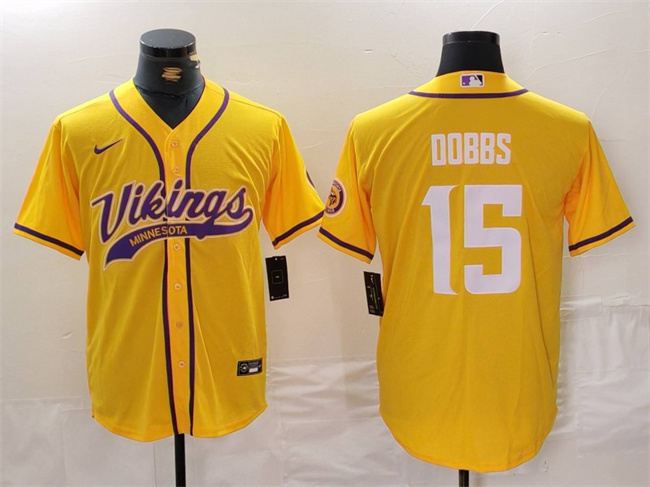 Men’s Minnesota Vikings #15 Joshua Dobbs Yellow Cool Base Stitched Baseball Jersey