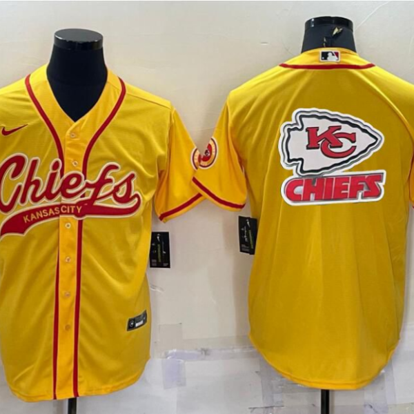 Men’s Kansas City Chiefs Gold Team Big Logo With Patch Cool Base Stitched Baseball Jersey