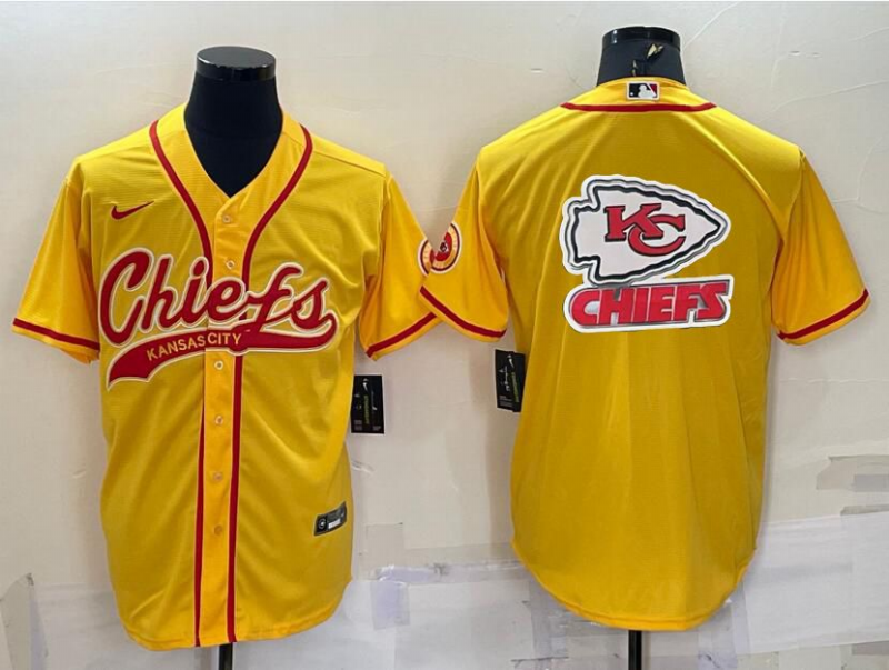 Men’s Kansas City Chiefs Gold Team Big Logo With Patch Cool Base Stitched Baseball Jersey