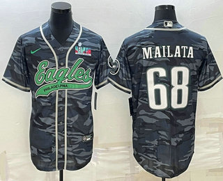 Men’s Philadelphia Eagles #68 Jordan Mailata Grey Camo With Super Bowl LVII Patch Cool Base Stitched Baseball Jersey