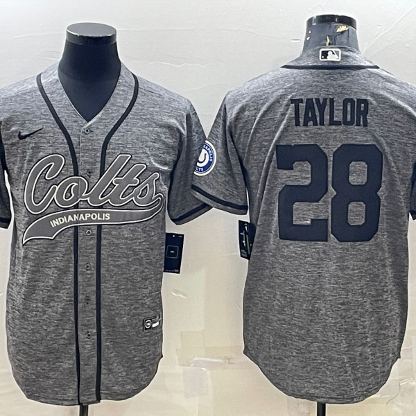 Men’s Indianapolis Colts #28 Jonathan Taylor Grey Gridiron With Patch Cool Base Stitched Baseball Jersey