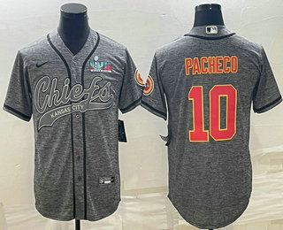 Men’s Kansas City Chiefs #10 Isiah Pacheco Grey With Super Bowl LVII Patch Cool Base Stitched Baseball Jersey
