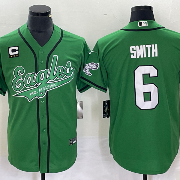 Men’s Philadelphia Eagles #6 DeVonta Smith Green C Patch Cool Base Stitched Baseball Jersey