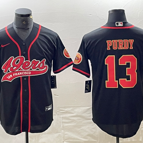 Men’s San Francisco 49ers #13 Brock Purdy Black Red With Patch Cool Base Stitched Baseball Jersey