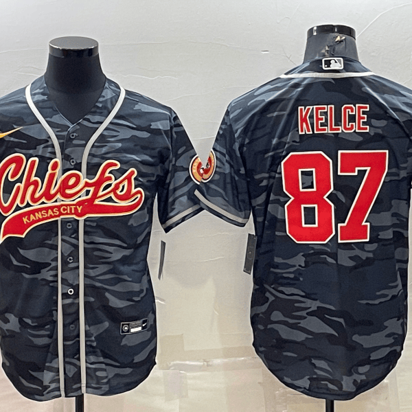 Men’s Kansas City Chiefs Blank #87 Travis Kelce Grey Navy Camo With Patch Cool Base Stitched Baseball Jersey