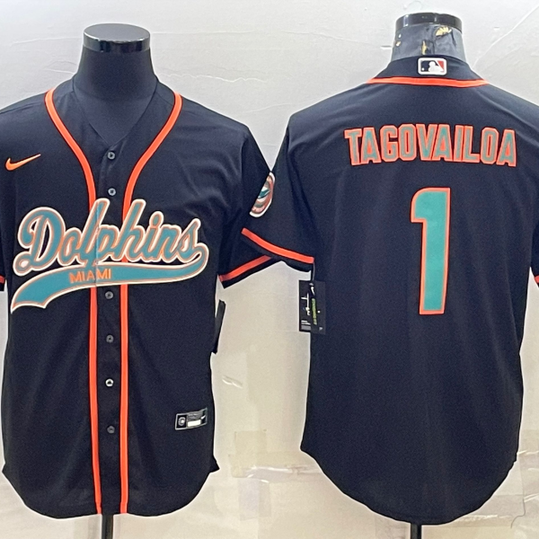 Men’s Miami Dolphins #1 Tua Tagovailoa Black With Patch Cool Base Stitched Baseball Jersey