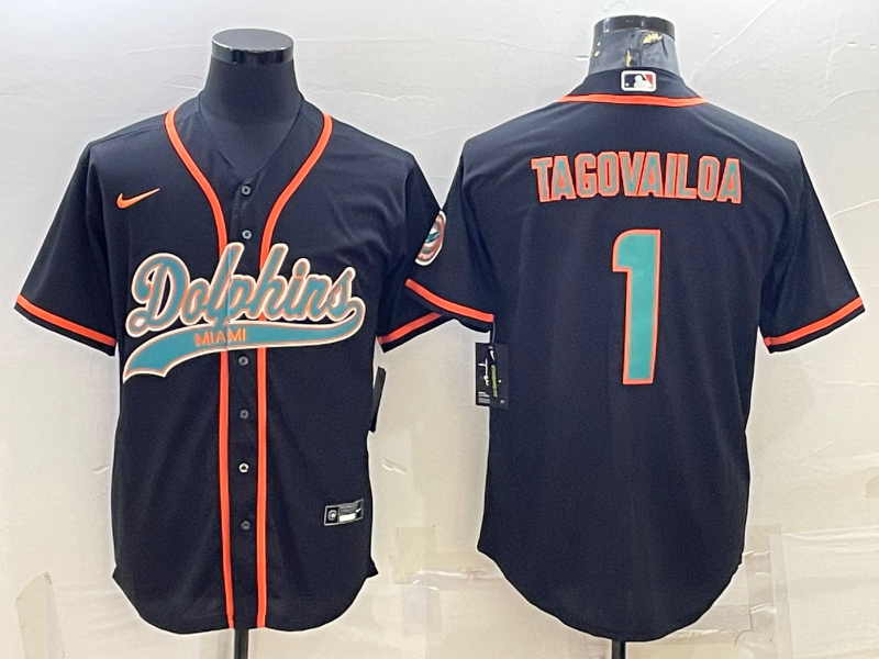 Men’s Miami Dolphins #1 Tua Tagovailoa Black With Patch Cool Base Stitched Baseball Jersey