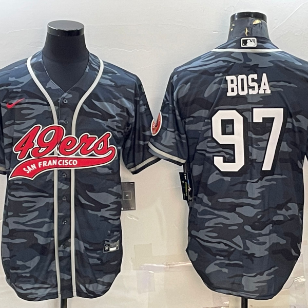 Men’s San Francisco 49ers #97 Nick Bosa Grey Camo With Patch Cool Base Stitched Baseball Jersey