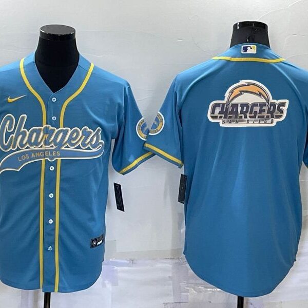 Men’s Los Angeles Chargers Light Blue Team Big Logo With Patch Cool Base Stitched Baseball Jersey